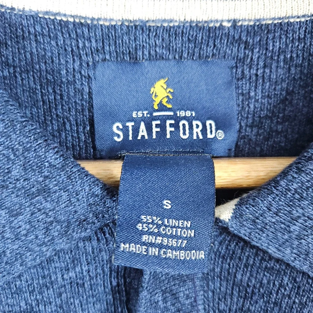 NEW Stafford Men's Navy Heather Textured Blue Polo Shirt Linen/Cotton Size S NWT